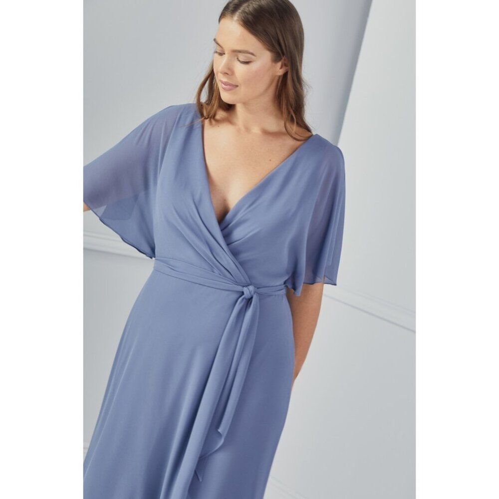 Long Chiffon Bridesmaids Dress With Split Elbow Sleeve. Amsale French Blue - Picture 9 of 12